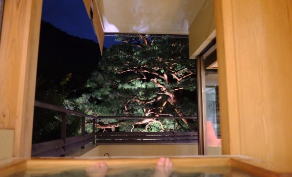 翠嵐のスイートルーム「暁露」のお風呂からの景色（夜）