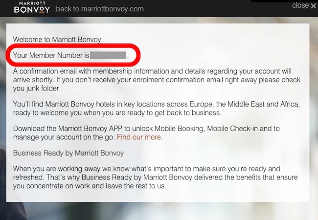 初回の滞在で2,500ポイント獲得できるマリオットボンヴォイ公式会員登録の登録完了画面